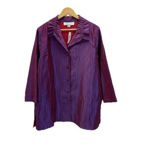 New Caroline Rose Taffeta Purple/Red Textured Jacquard Crinkle Jacket tunic $350